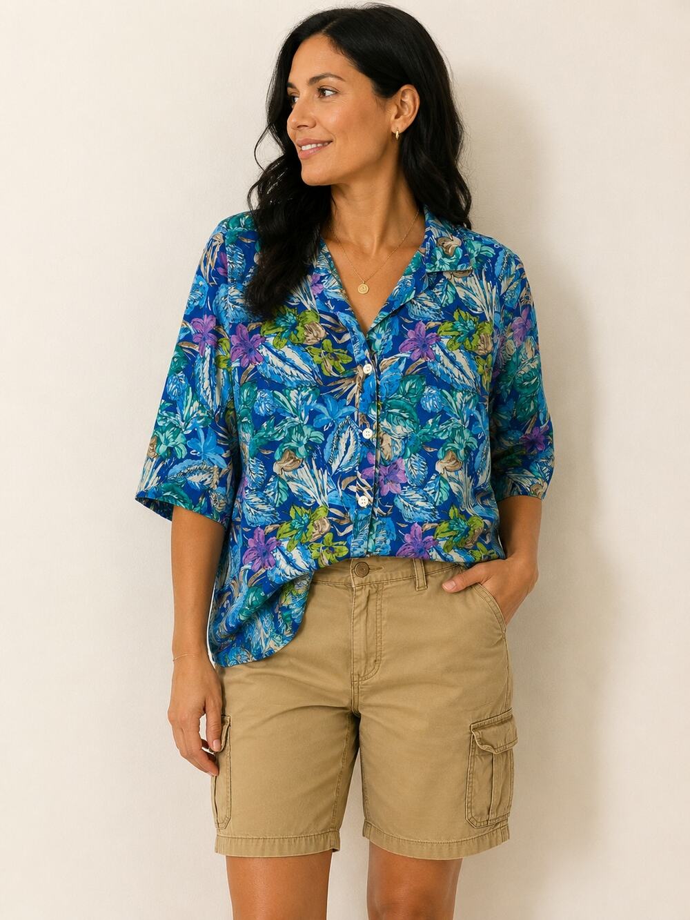 LR4110 Cabrais Womens Tropical Floral Button Front Blouse Blue 2X Linen Blend